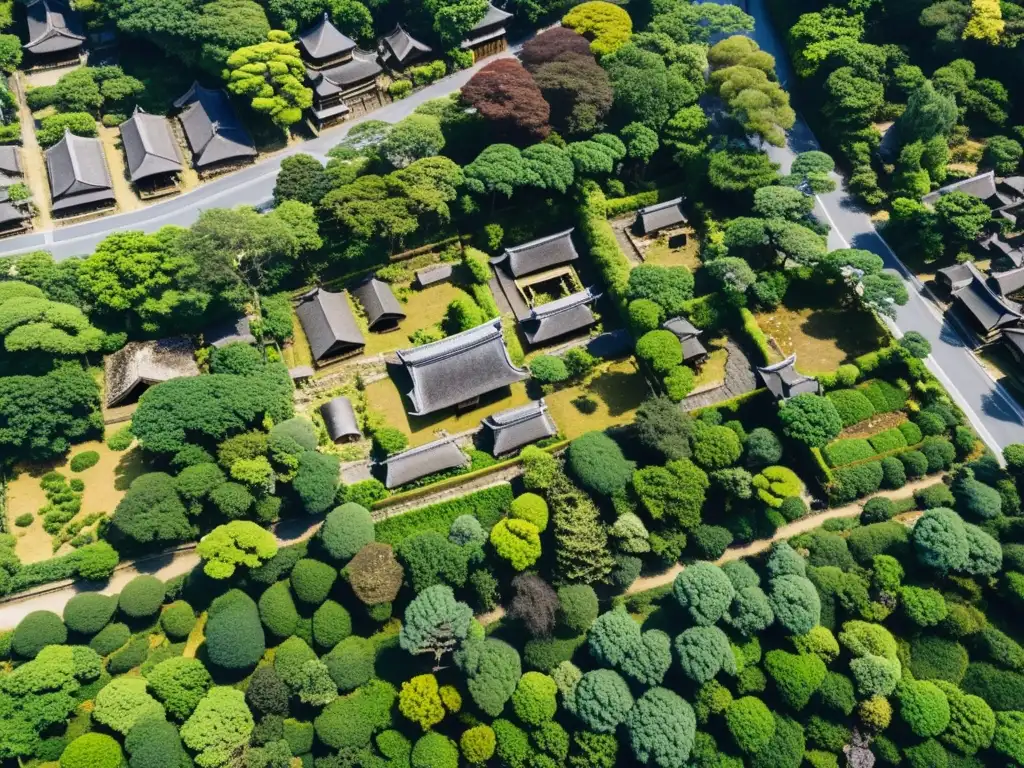 La fotografía aérea de alta resolución muestra las ruinas de la antigua ciudad de Kyoto, Japón, impactada por la Guerra Ōnin