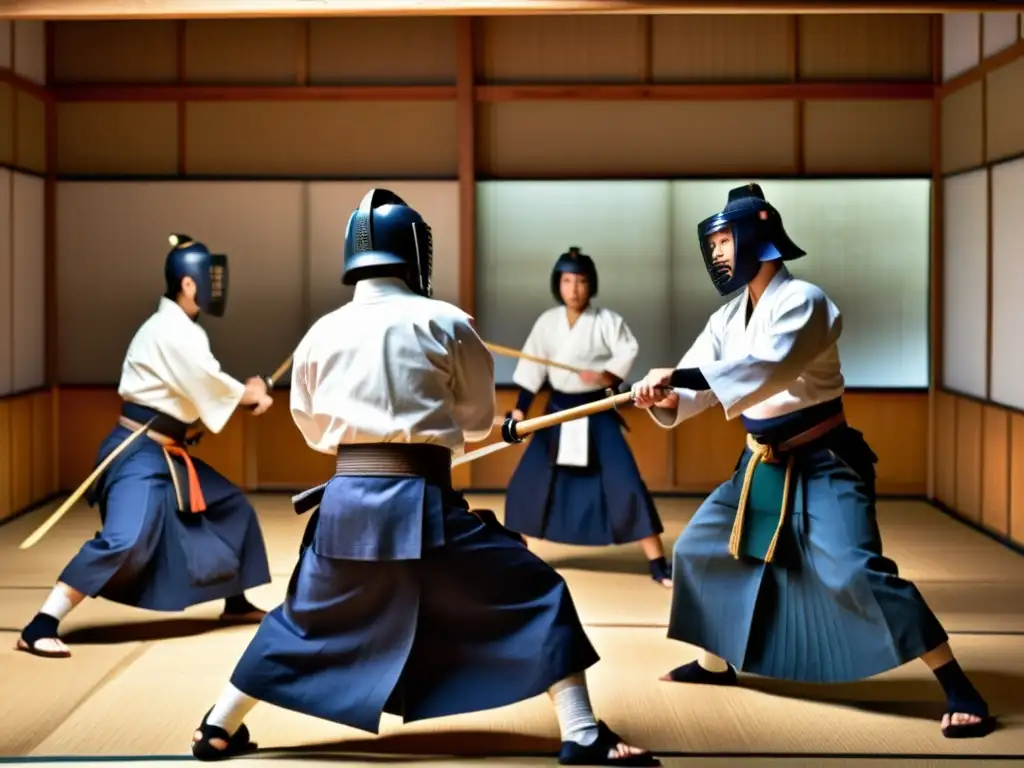 Práctica de Kendo, concentración y agilidad en el dojo con atmósfera cargada de energía y dedicación, rutinas de entrenamiento kendo agilidad