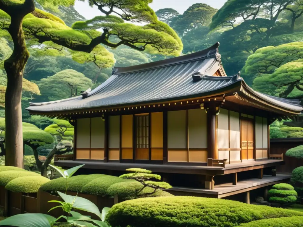 Un alojamiento de aves rapaces estilo samurái en un exuberante bosque japonés al atardecer