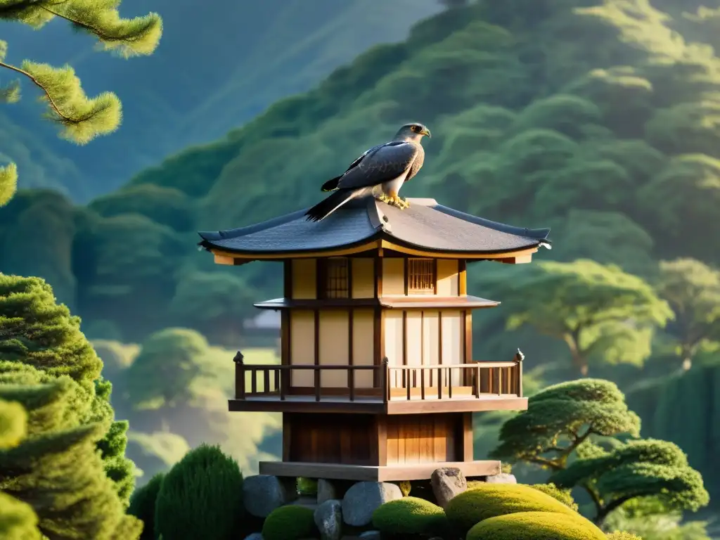 Alojamiento de aves rapaces en Japón: estructura samurái con falconería y montañas verdes al atardecer, junto a un samurái y un majestuoso halcón