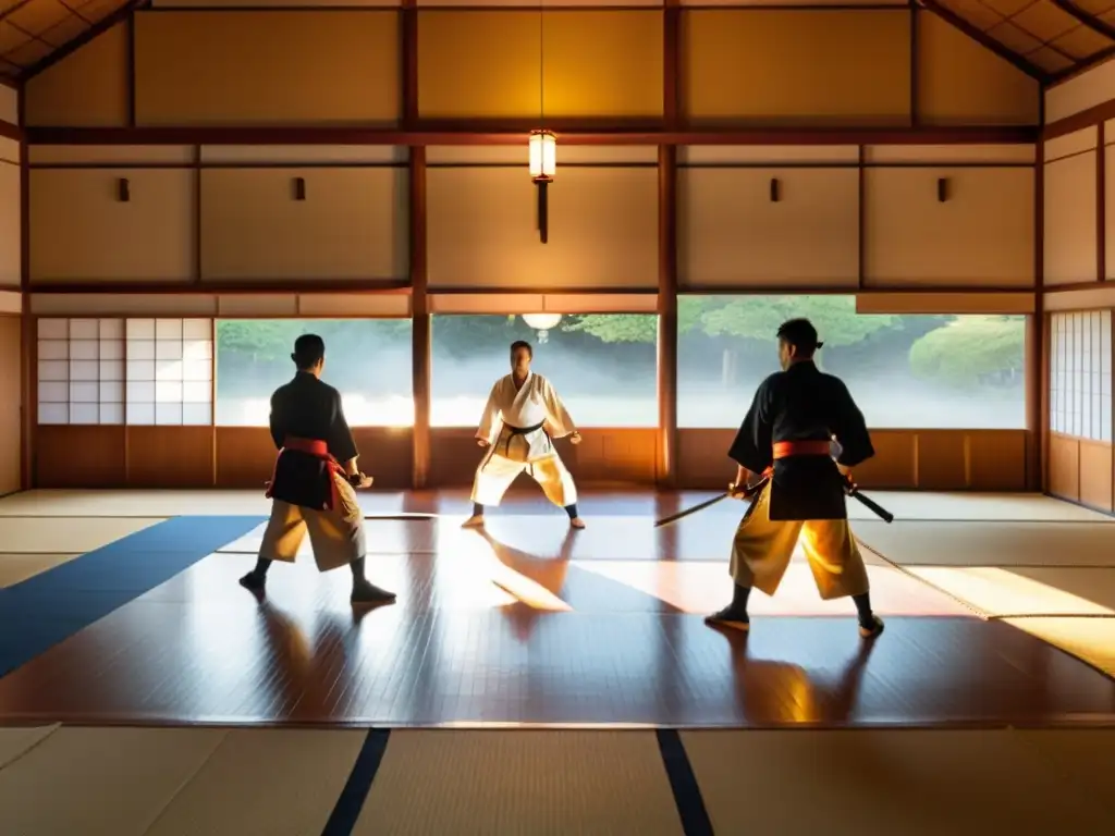 En el amanecer, el dojo japonés muestra la rutina diaria de entrenamiento samurái en un ambiente sereno y enfocado