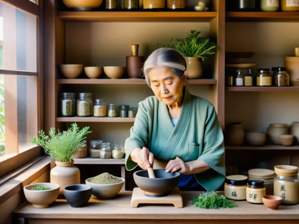 Una anciana samurái tritura hierbas en su taller de medicina tradicional, rodeada de plantas y sabiduría ancestral