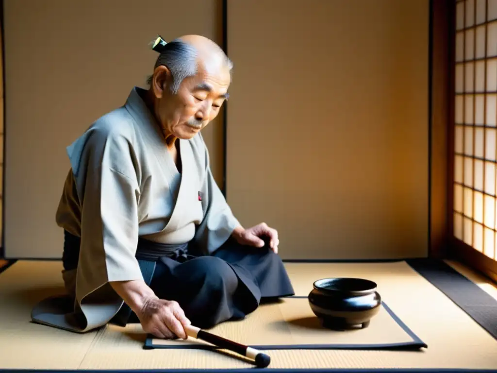 Un anciano calígrafo japonés se concentra en inscribir caracteres en papel washi, demostrando la importancia de la caligrafía en Bushido