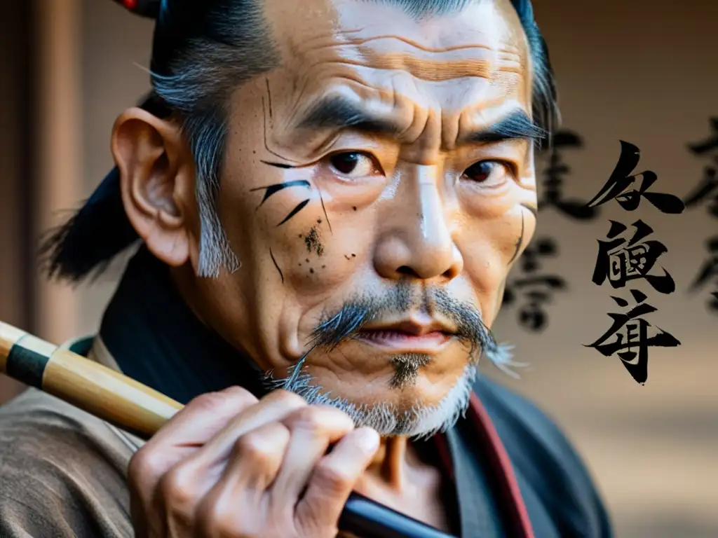 El anciano samurái medita sobre Confucianismo en la estrategia samurái mientras pinta caligrafía