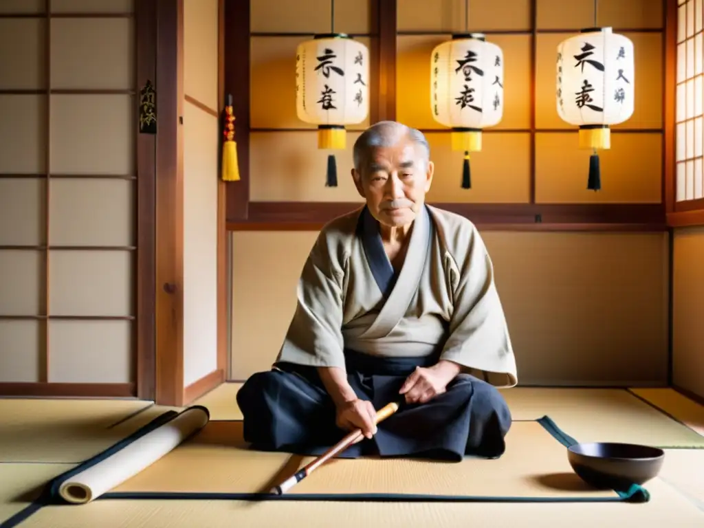 Un anciano japonés medita mientras escribe un haiku en papel washi en una habitación tradicional