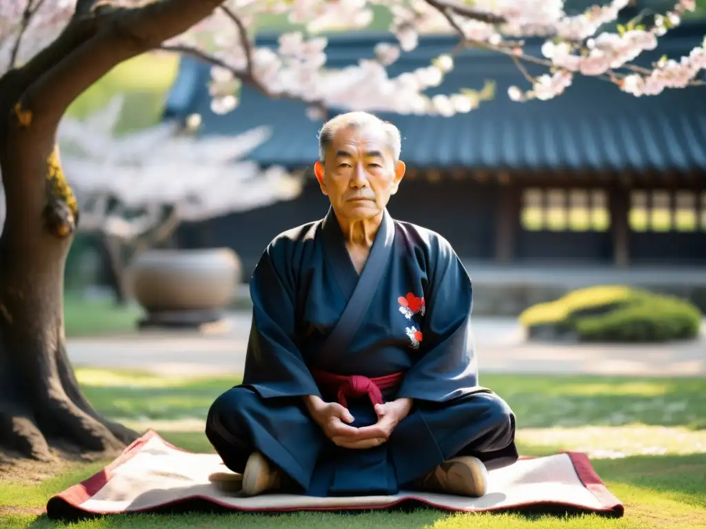 Un anciano maestro de artes marciales, vestido con atuendo samurái, medita en un jardín sereno entre cerezos en flor