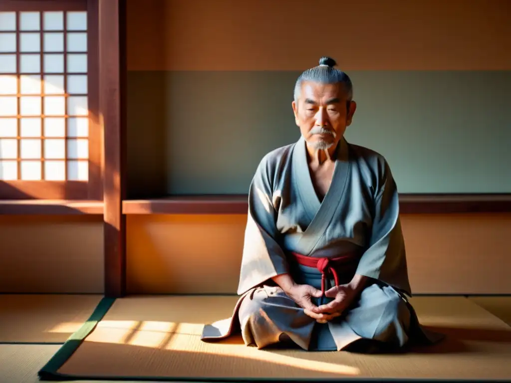 Un anciano samurái medita en un dojo al amanecer, irradiando serenidad