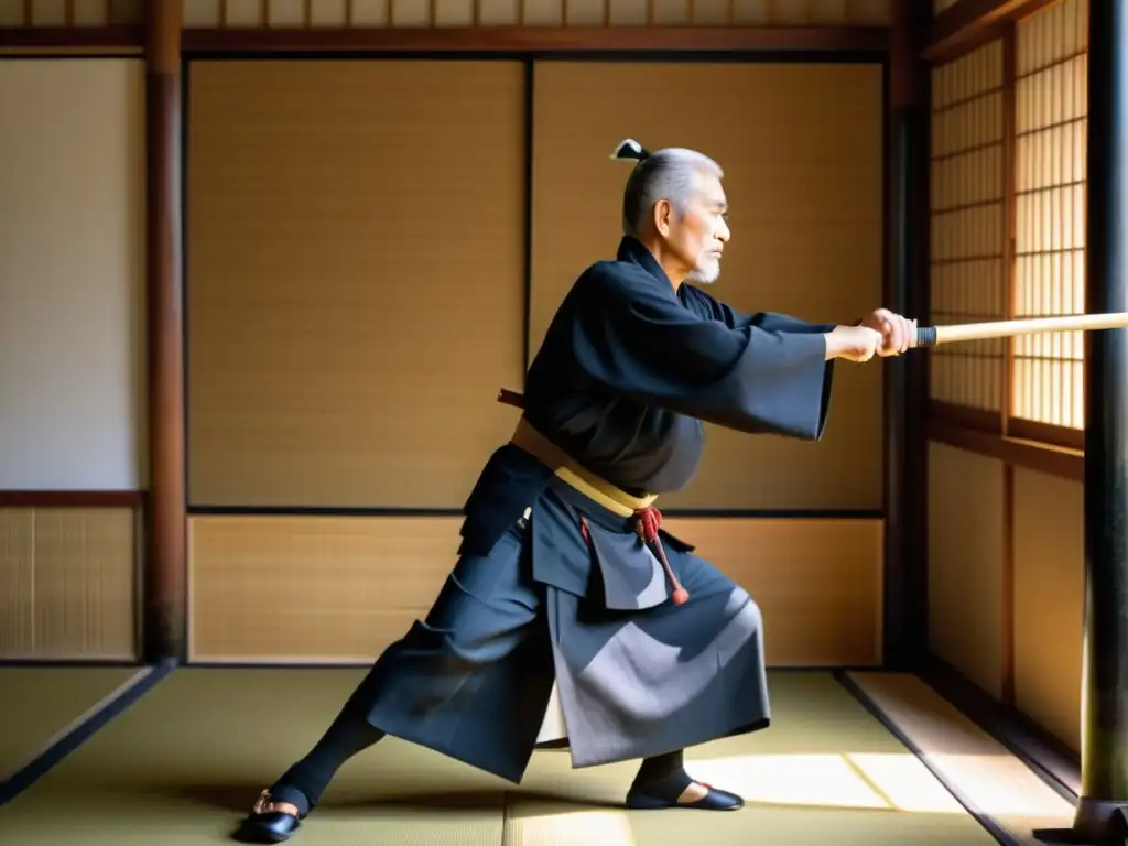 Un anciano samurái practica iaido en un dojo sereno, con armadura tradicional y ambiente contemplativo