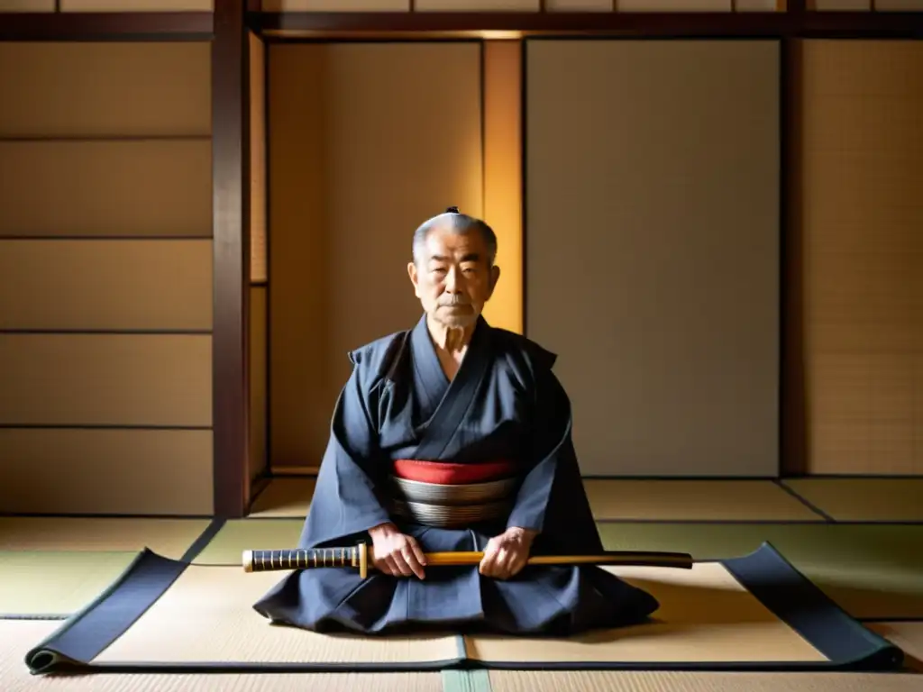 Un anciano samurái japonés en posición seiza, concentrado con los ojos cerrados