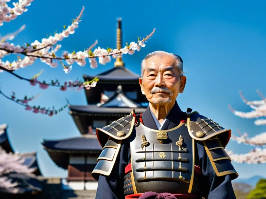 Un anciano samurái, orgulloso y sabio, viste su armadura tradicional frente a un castillo japonés, rodeado de cerezos en flor