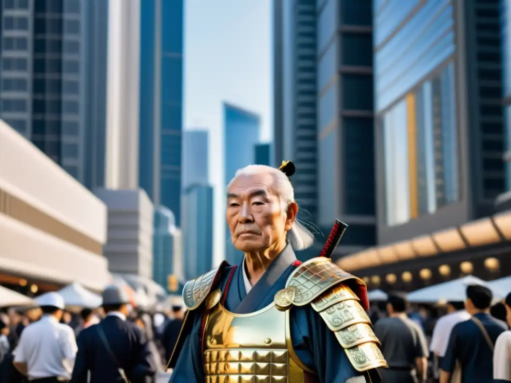 Un anciano samurái con técnicas ancestrales de resiliencia, en armadura tradicional, en contraste con la moderna ciudad y sus rascacielos