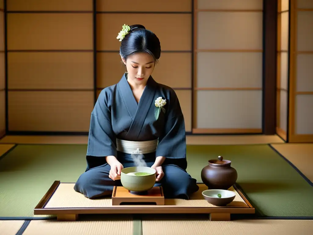 Una anfitriona en kimono vierte matcha en tazas delicadas en una ceremonia de té japonesa, rodeada de flores y cerámica