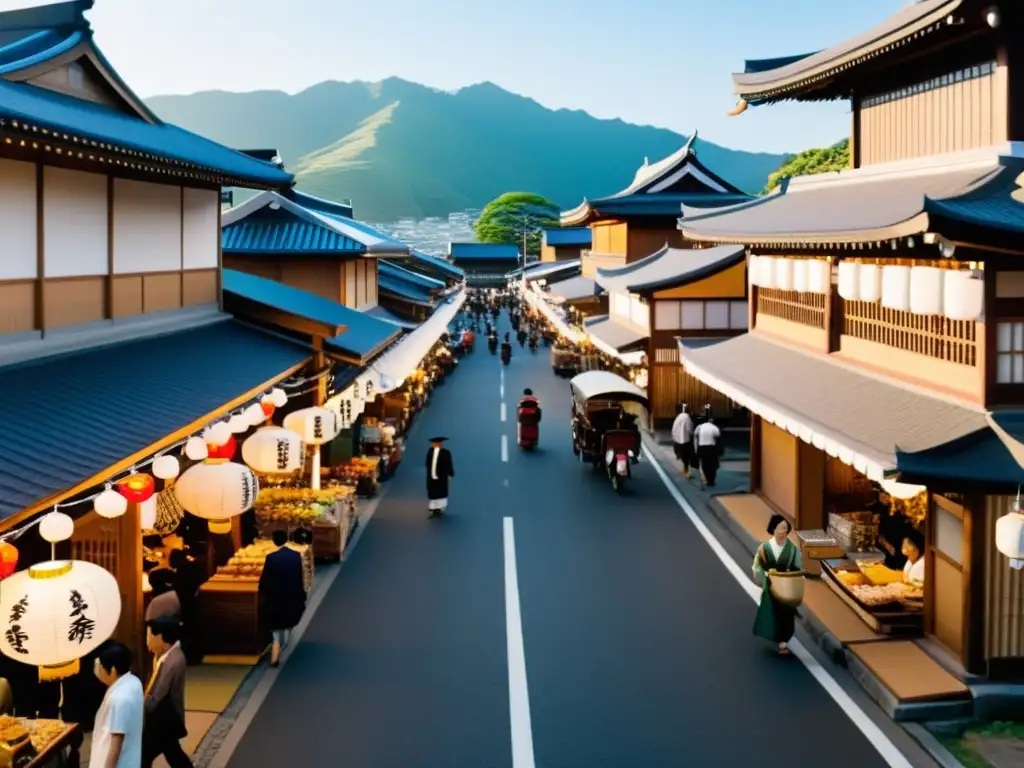 Una animada calle en Meijiera Japón, donde la transformación social postShogunato Japón se refleja en la mezcla de tradición y modernidad