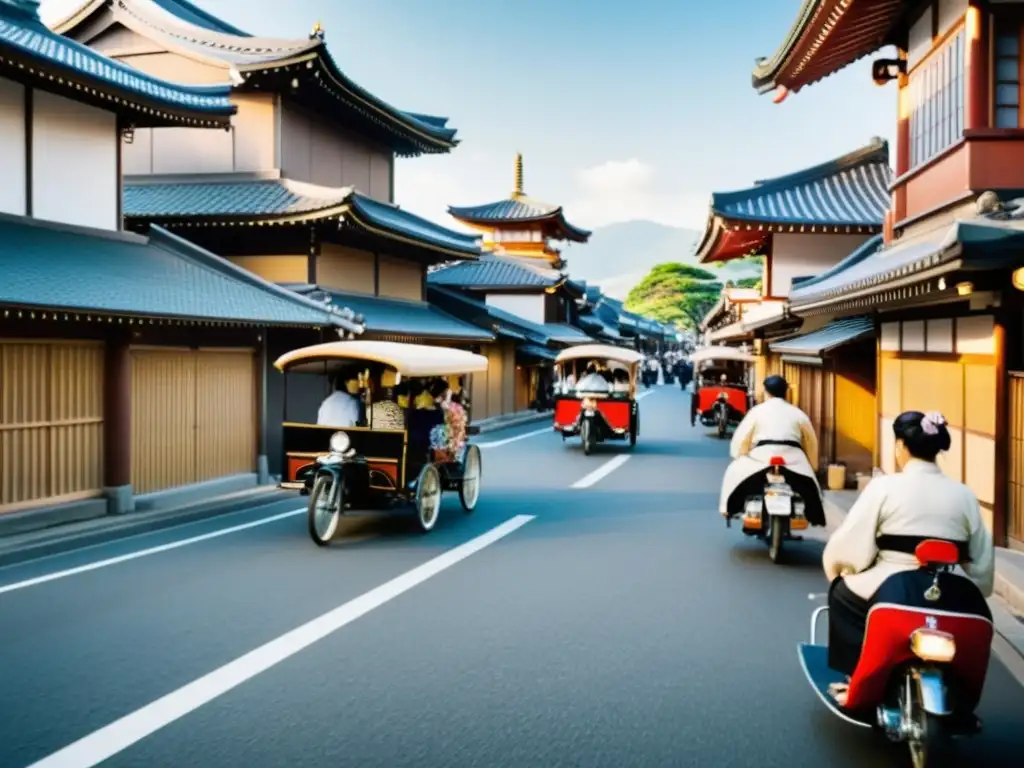 La animada calle de Meijiera Japón muestra la mezcla de tradición y modernidad, simbolizando el fin del Shogunato y sus consecuencias