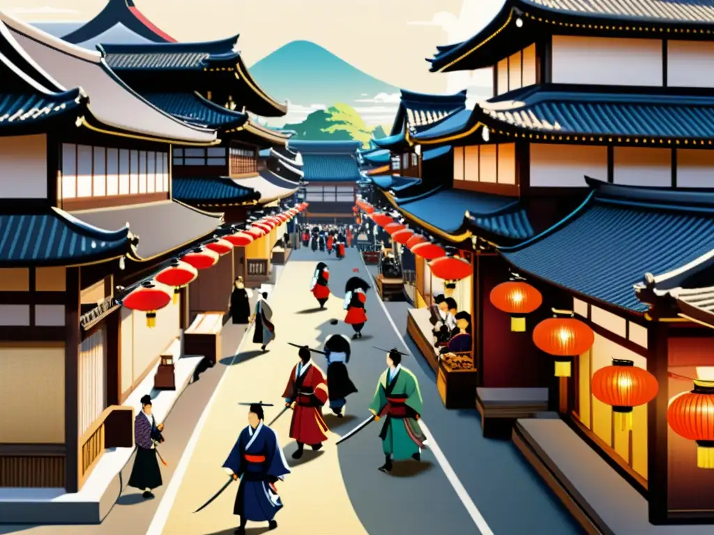 La animada calle de Edo durante el período Edo, con samuráis y ronin entre la multitud, refleja la autenticidad histórica de la cultura samurái