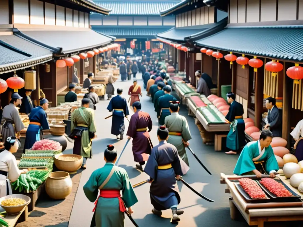 Una animada escena de mercado japonés durante el período Edo, con samuráis y comerciantes intercambiando espadas finamente elaboradas