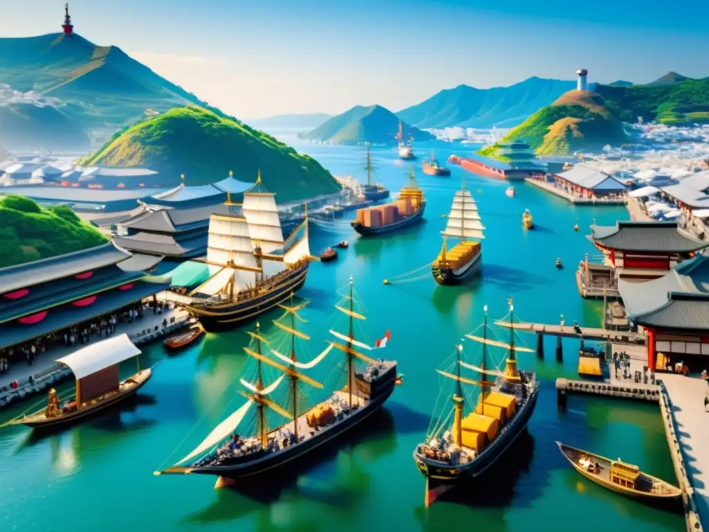 Intercambio cultural en el puerto japonés durante la era del Nanban Una animada escena del puerto japonés durante la era del comercio Nanban, con barcos europeos y samuráis intercambiando bienes exóticos