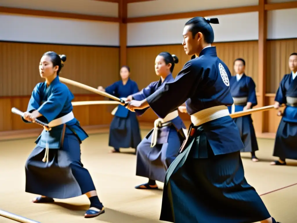 Práctica animada de kendo en un dojo soleado, con el sensei supervisando