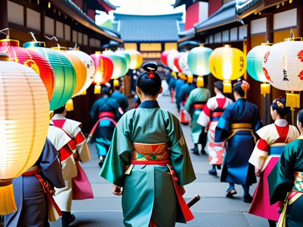 Un animado mercado callejero se prepara para el Uesugi Matsuri, homenaje a clanes guerreros, con samuráis y kimonos coloridos bajo faroles y banderas