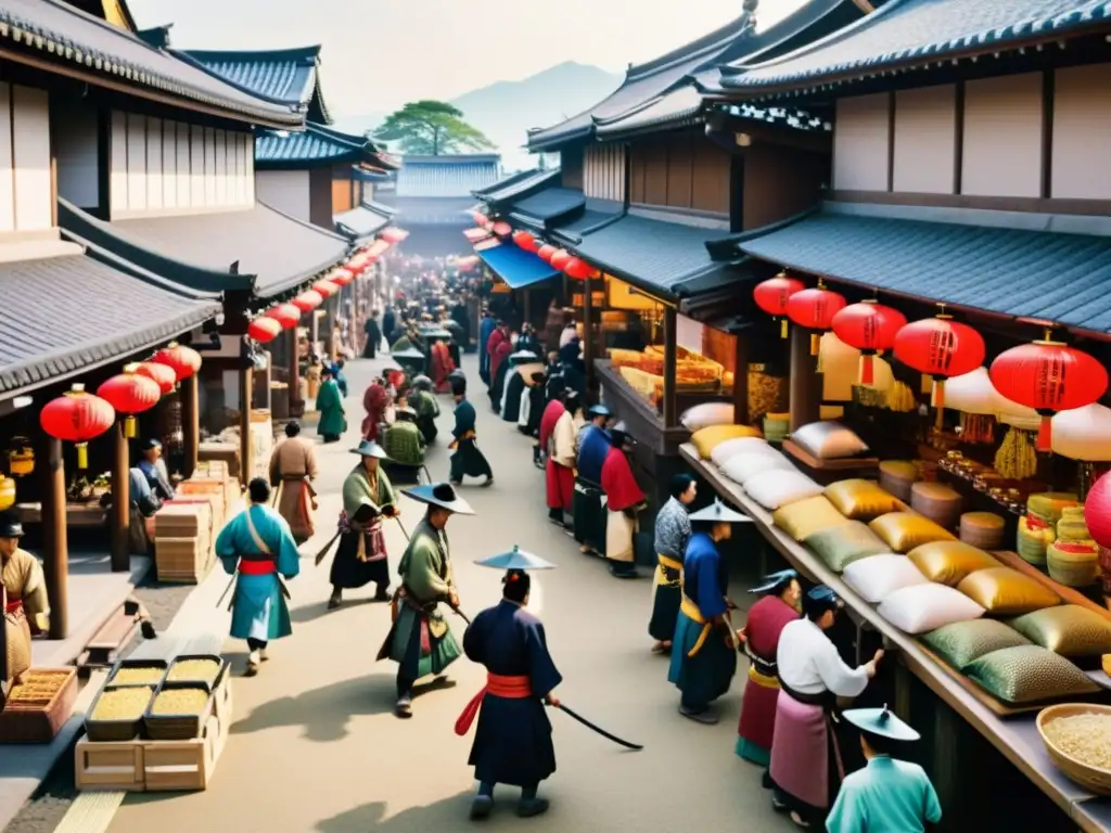 Animado mercado feudal japonés con economía samurái, comerciantes y detalles vibrantes