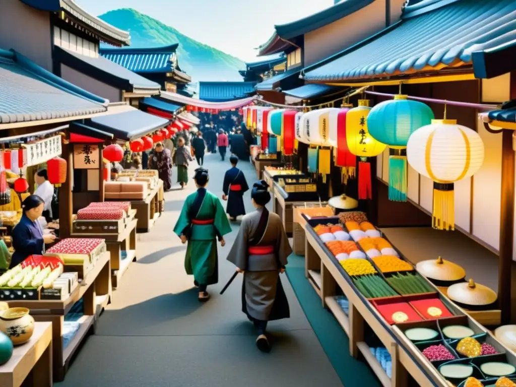 Mercado tradicional japonés: katanas, armaduras y artesanías Animado mercado japonés con productos samurái y coloridos adornos