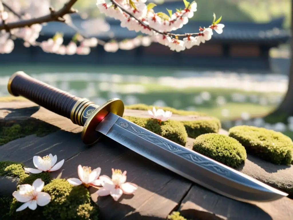 Una antigua espada samurái descansa entre delicadas flores de cerezo en plena floración, capturando la perpetuidad samurái en la literatura universal