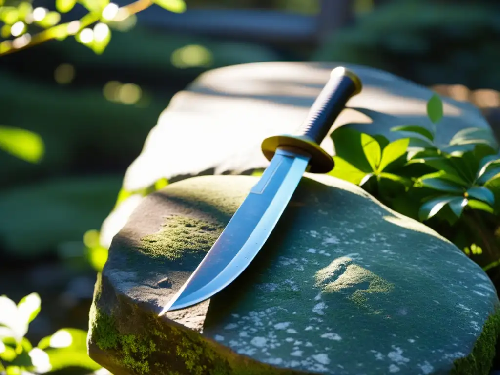 Una antigua espada samurái descansa sobre una roca pulida en un jardín japonés cubierto de musgo, iluminada por el sol