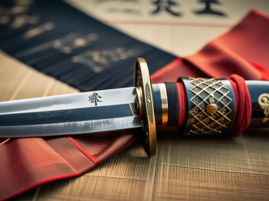 Espada samurái antigua: legado de fuerza y reverencia Una antigua espada samurái con grabados ornamentos, envuelta en seda roja desgastada, evoca la rebelión Seiwa Genji Samuráis Minamoto