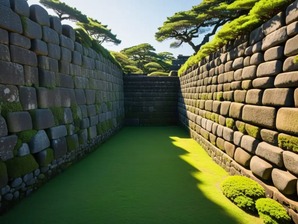 Antigua fortaleza samurái en Tsushima, con piedras cubiertas de musgo y luz solar