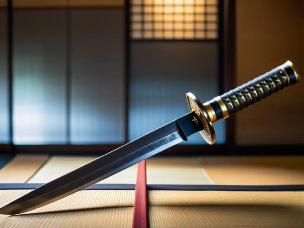 Una antigua katana desgastada con grabados de batallas y honor, en una habitación tradicional japonesa