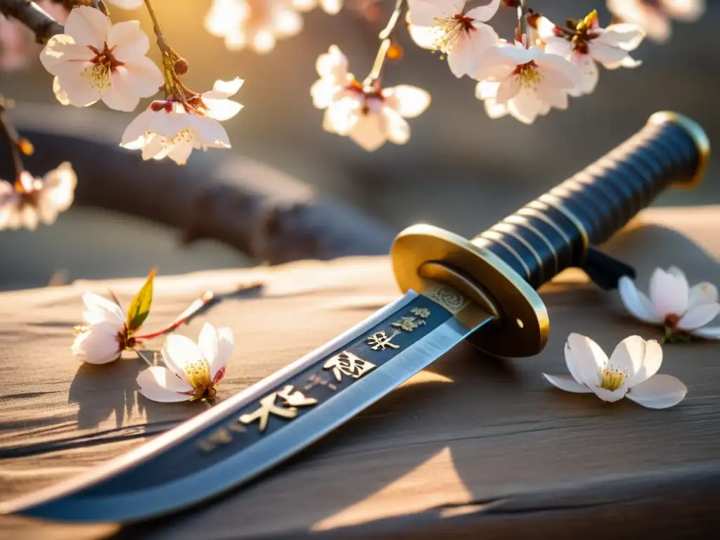 Una antigua katana de madera descansa sobre flores de cerezo caídas, con kanji grabados y empuñadura de seda desgastada