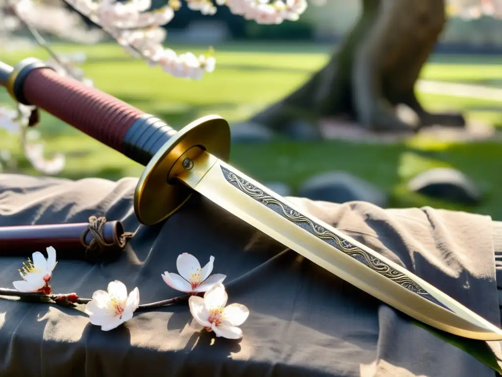 Una antigua katana descansa sobre pétalos de cerezo en un jardín japonés sereno