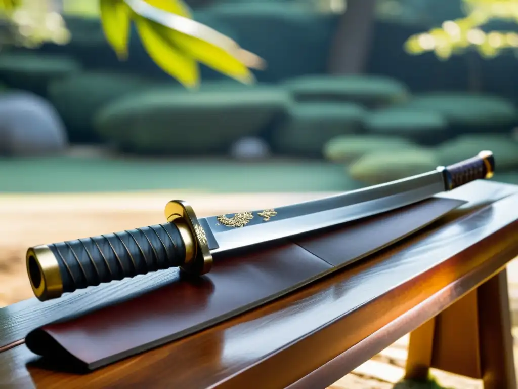 Una antigua katana descansa sobre un soporte de madera en un jardín japonés, evocando la filosofía samurái en el arte de la guerra