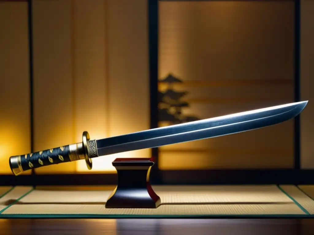 Una antigua katana descansa sobre un soporte tradicional japonés, iluminada por una suave luz natural a través de una pantalla shoji