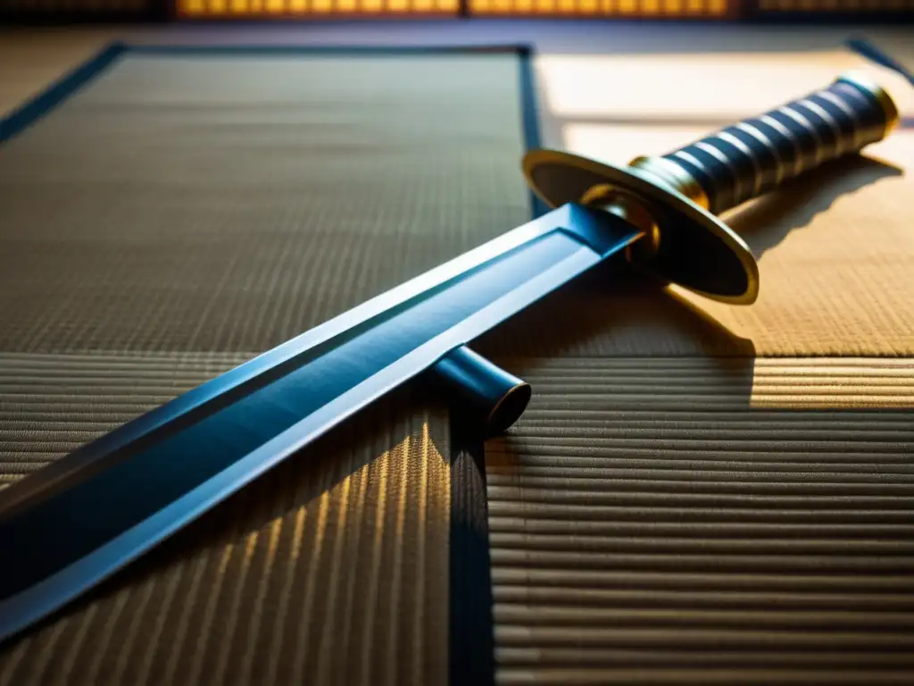 Una antigua katana reposa sobre un tatami japonés, iluminada con suavidad para resaltar sus detalles y la silueta de un samurái en la distancia