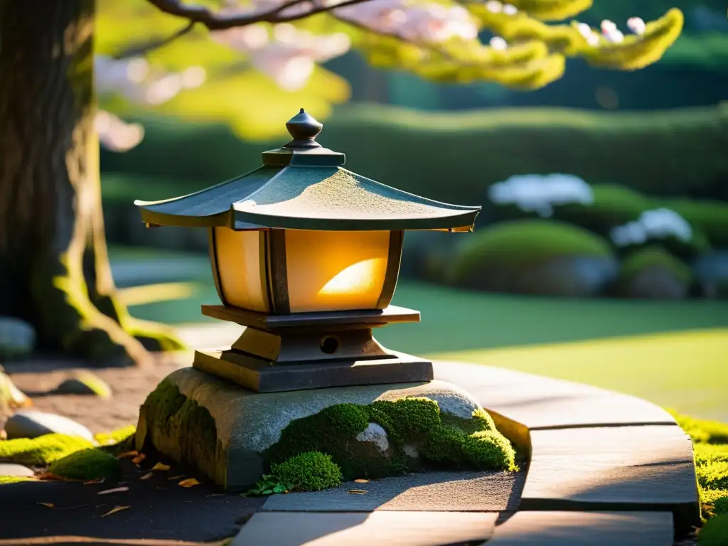 Antigua linterna de piedra cubierta de musgo en jardín japonés, reflejando la filosofía de la impermanencia samurái y la belleza en la decadencia