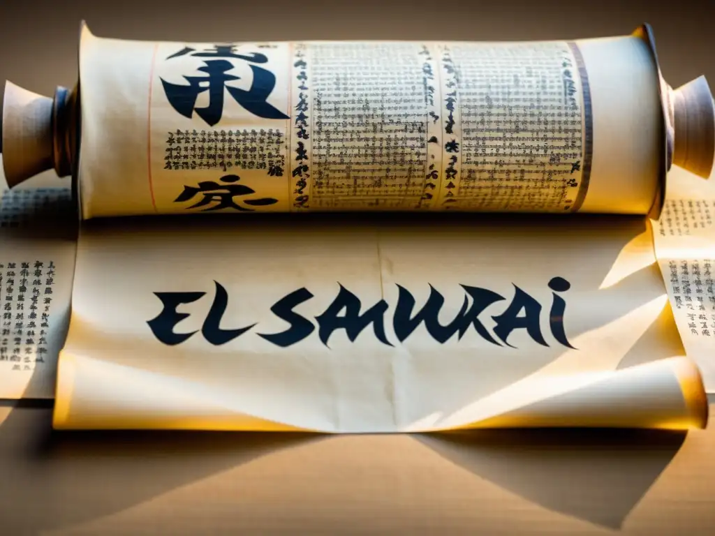 Pergamino del Código del Samurái: Sabiduría ancestral Una antigua pergamino desenrollado con ilustraciones y caligrafía de 'El código del samurái'