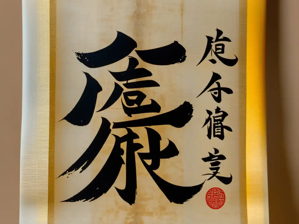 Una antigua pergamino japonés con caligrafía kanji preservada, envejecida y detallada