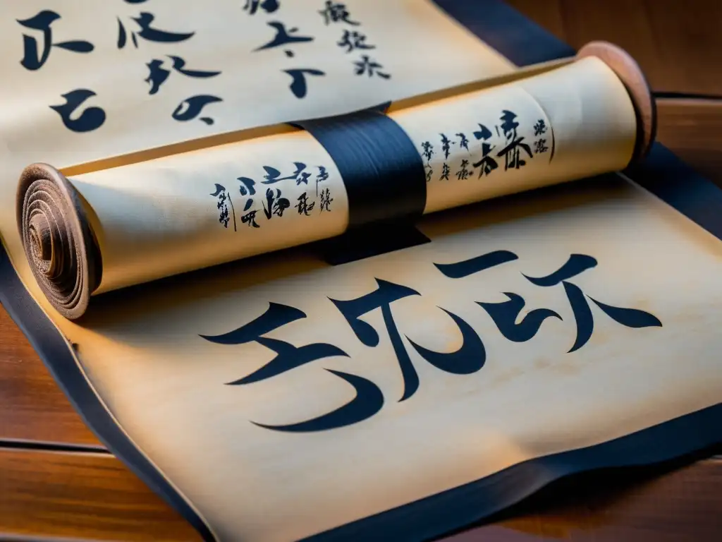 Una antigua pergamino de samurái con kanji en elegante caligrafía