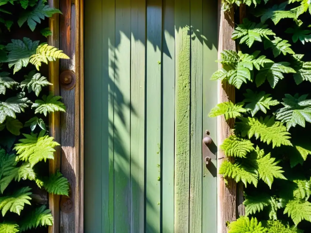 Una antigua puerta de madera con intrincadas tallas y musgo, rodeada de exuberante vegetación