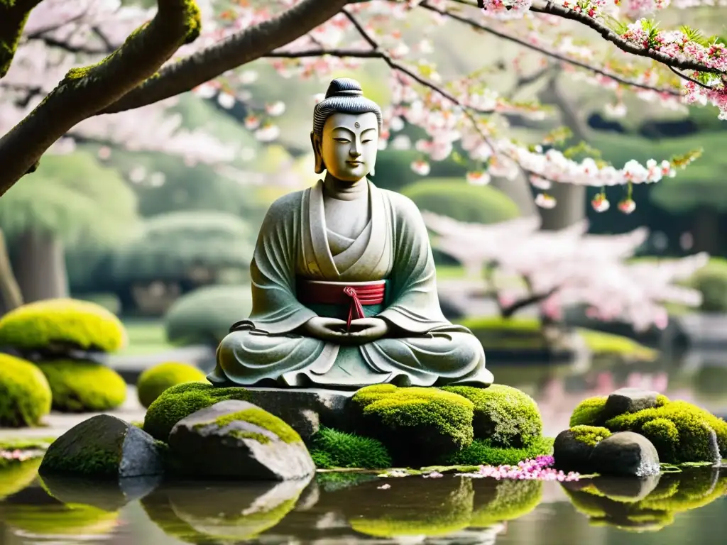 Estátua samurái antigua rodeada de cerezos en jardín japonés, reflejando la serenidad y la filosofía del Bushido en la cultura samurái