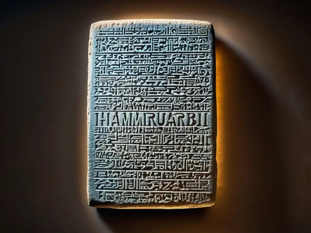 Una antigua tabla de piedra con el Código de Hammurabi inscrito en escritura cuneiforme, iluminada por una suave luz cálida