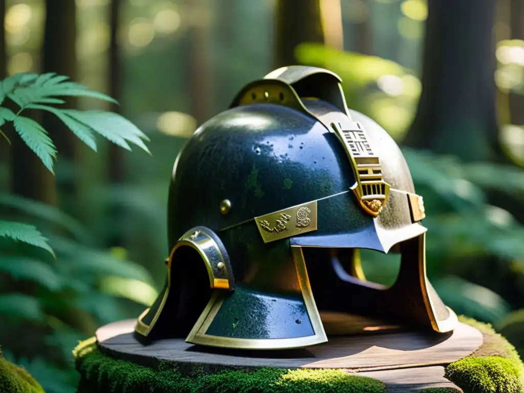 El casco del samurái: Tesoro antiguo en el bosque Un antiguo y desgastado casco de samurái reposa sobre un pedestal de piedra cubierto de musgo en el denso bosque