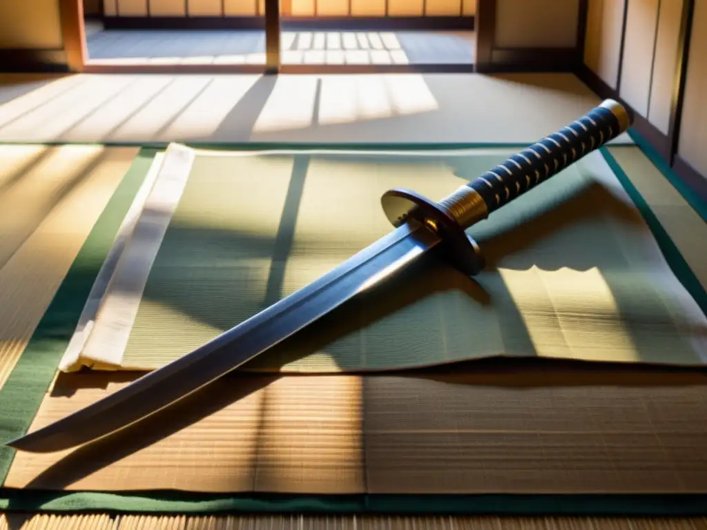 El antiguo y desgastado sable samurái reposa en un tatami japonés, con la luz del sol creando sombras dramáticas en la hoja