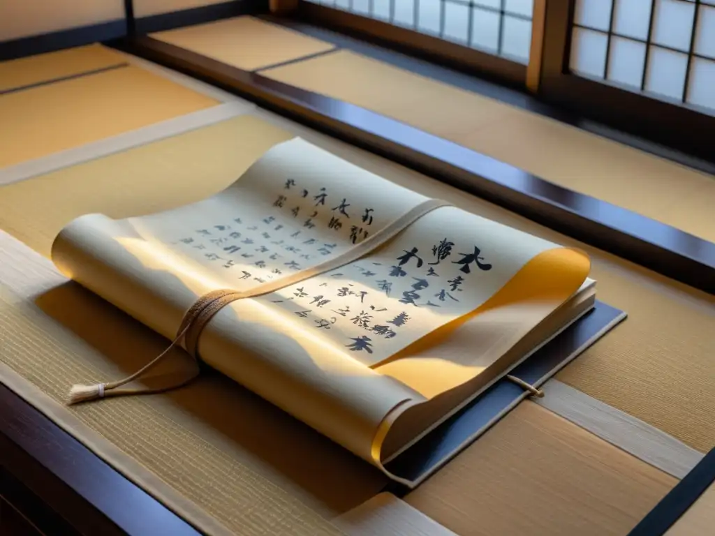 Un antiguo ejemplar de Hagakure reposa en un tatami japonés, en una habitación serena iluminada por suaves rayos de luz