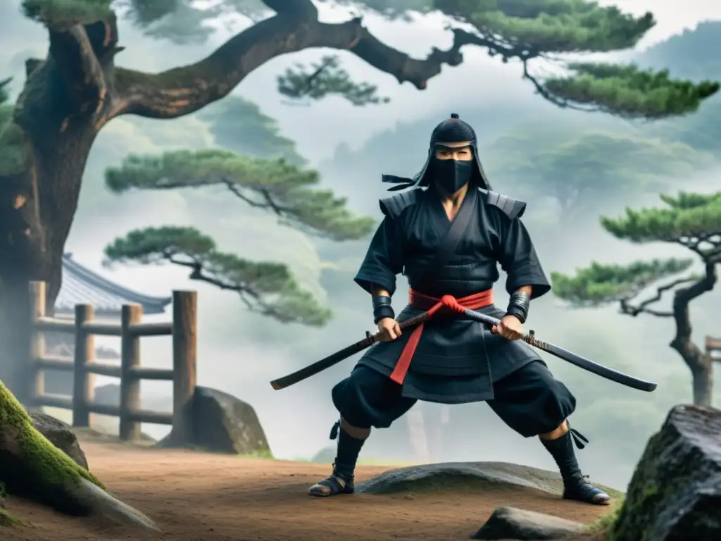 Un hábil ninja practica sigilosamente en un antiguo escenario de entrenamiento en las montañas neblinosas de Iga, Japón, revelando la legendaria tradición de Hattori Hanzo Ninja