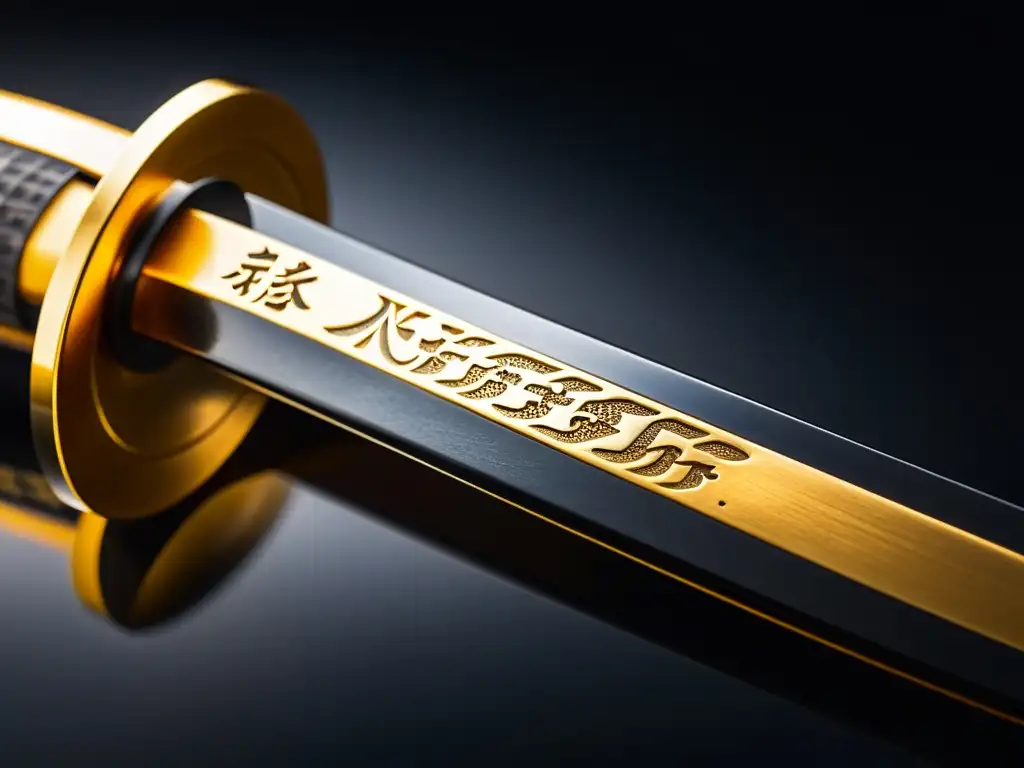 El antiguo nakago de una katana japonesa con kanji, bañado por la cálida luz del sol