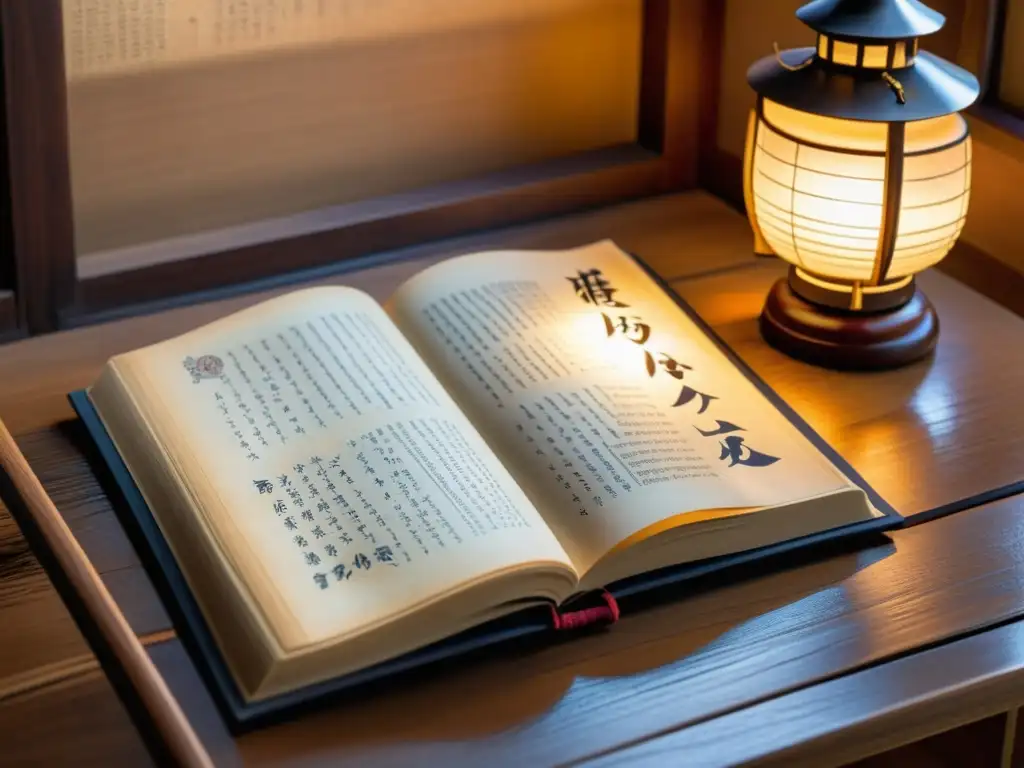 Antiguo libro Hagakure: El Libro del Samurai en una mesa de madera iluminado por una lámpara, creando una atmósfera contemplativa y serena