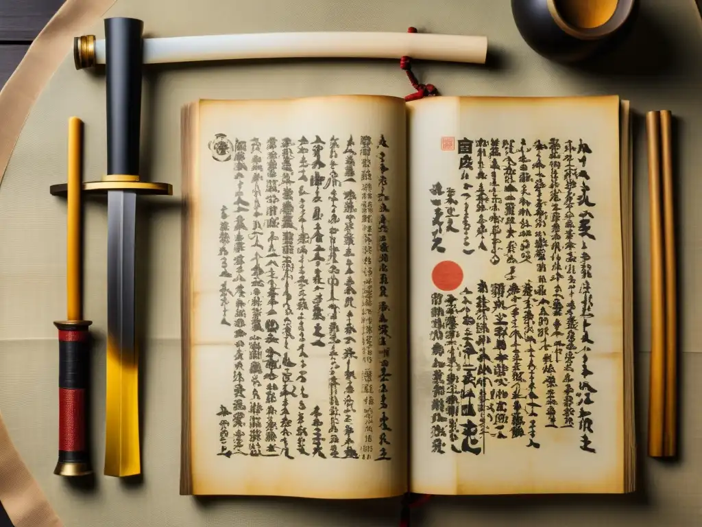 Un antiguo manuscrito con caligrafía e ilustraciones samuráis rodeado de artefactos japoneses en una superficie de madera pulida