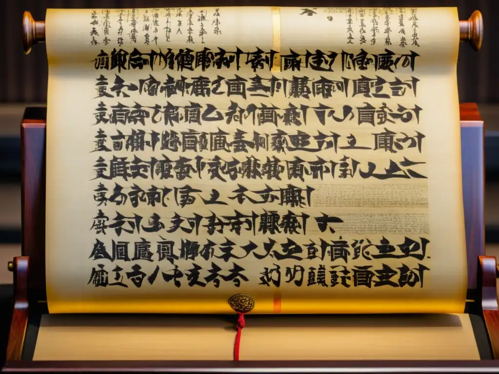 Antiguo manuscrito de 'Hagakure' iluminado en lecternode madera, evocando la esencia de los manuales de entrenamiento samurái literatura